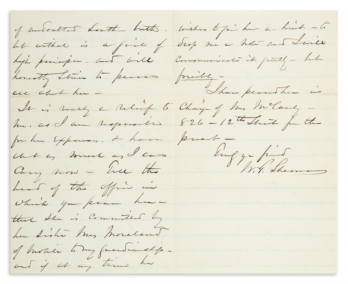 SHERMAN, WILLIAM TECUMSEH. Two items Signed, W.T. Sherman, each to Assistant Secretary of the Treasury John B. Hawley: Autograph Lett